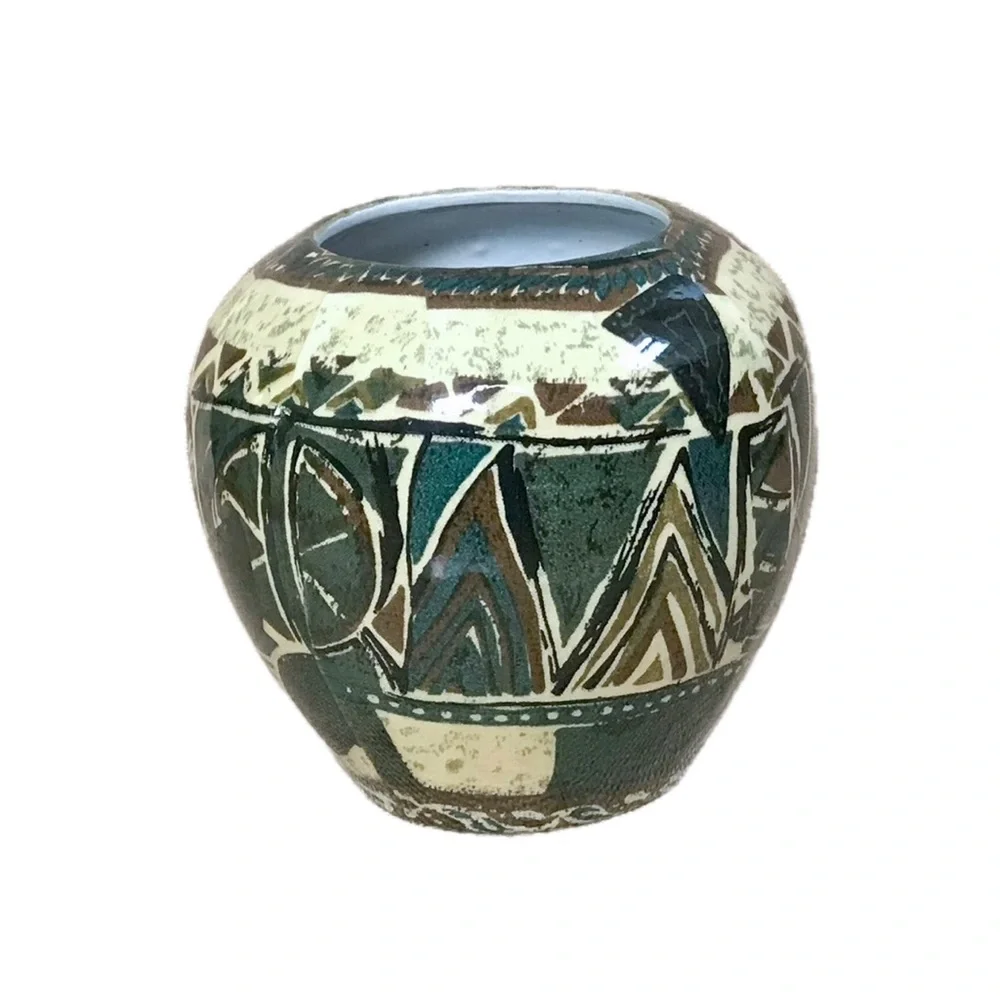 Southwestern Fish Ceramic Vase Geometric Pattern Aztec Boho Earth Tones Indie
